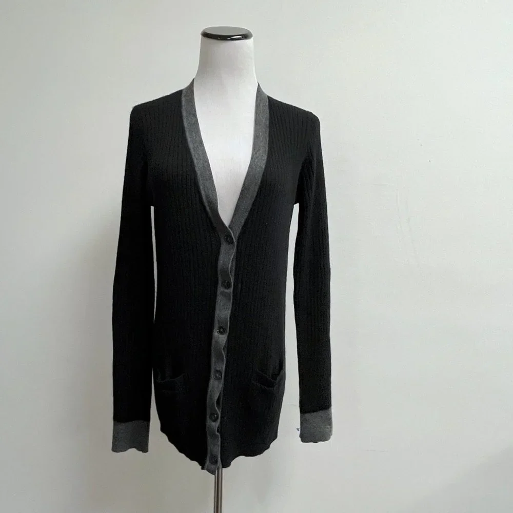 Vince black gray ribbed cashmere cardigan sweater long v neck with pockets M